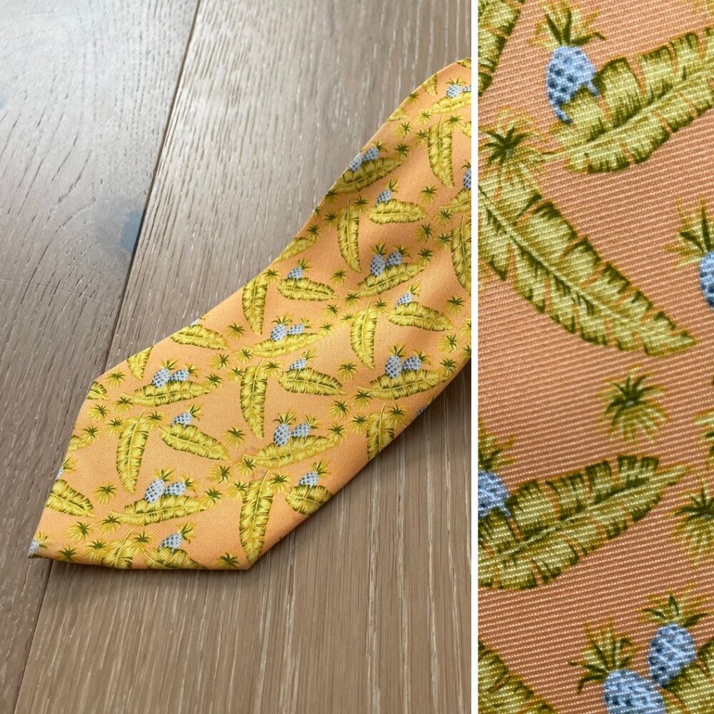 Ermenegildo Zegna Tie Men Necktie Wide 100% Silk Peach Pineapple Floral Yellow